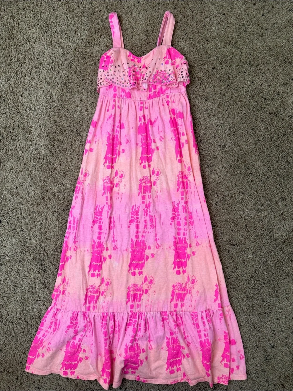 hot pink tie dye dress Justice & Pink Tie-Dye Maxi with Studded Ruffle Size : 6 Years